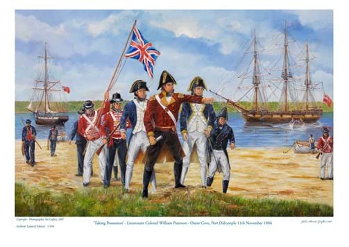 "TAKING POSSESSION" - Lieut. Colonel William Patrson & Company raise the Union Jack at Outer Cove, Port Dalrymple 11th Nov. 1804